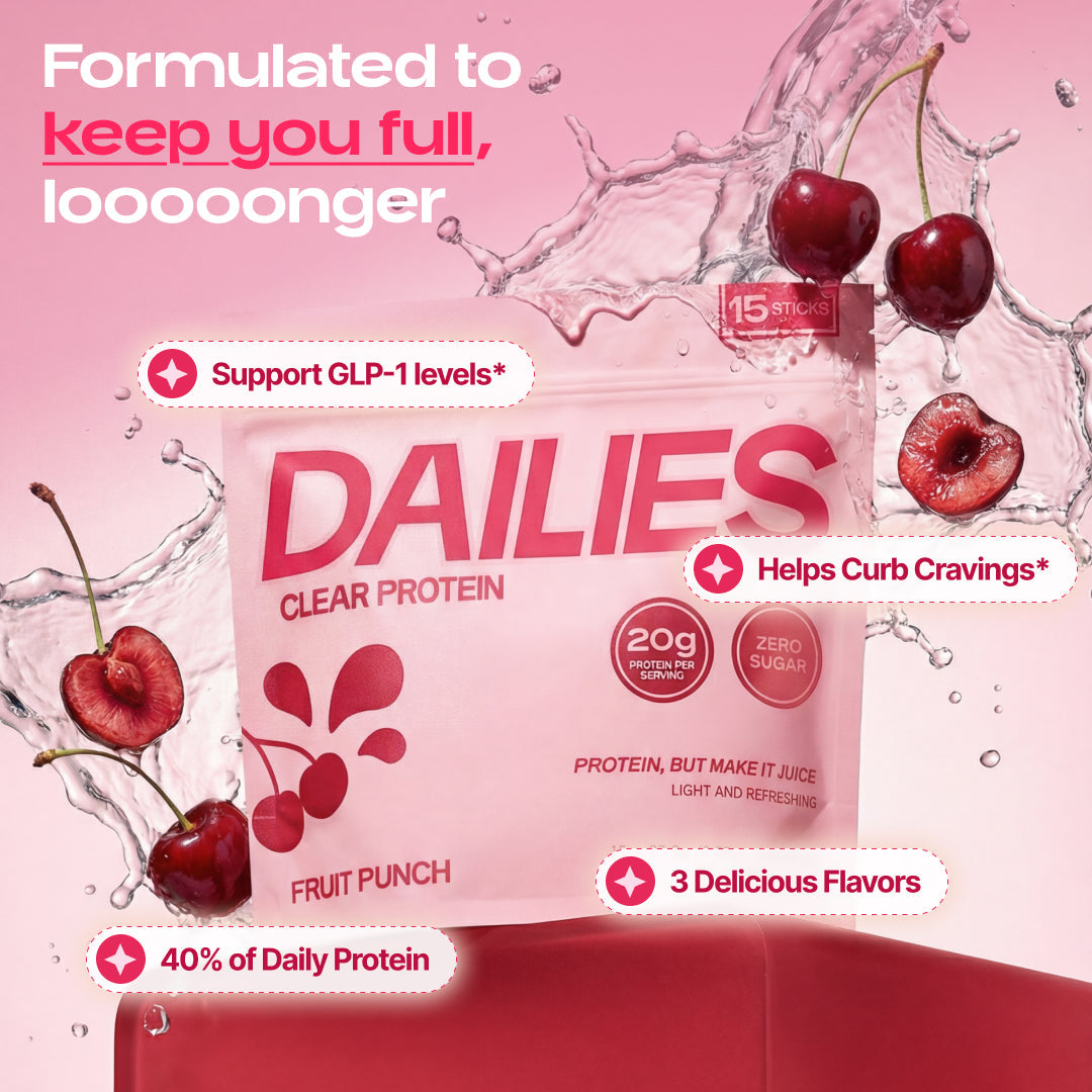 Fruit Punch pouch surrounded by cherries and splashing water. Graphic claims longer fullness, GLP-1 support and reduced cravings; lists 40% daily protein and 3 flavors. #flavor_fruit-punch