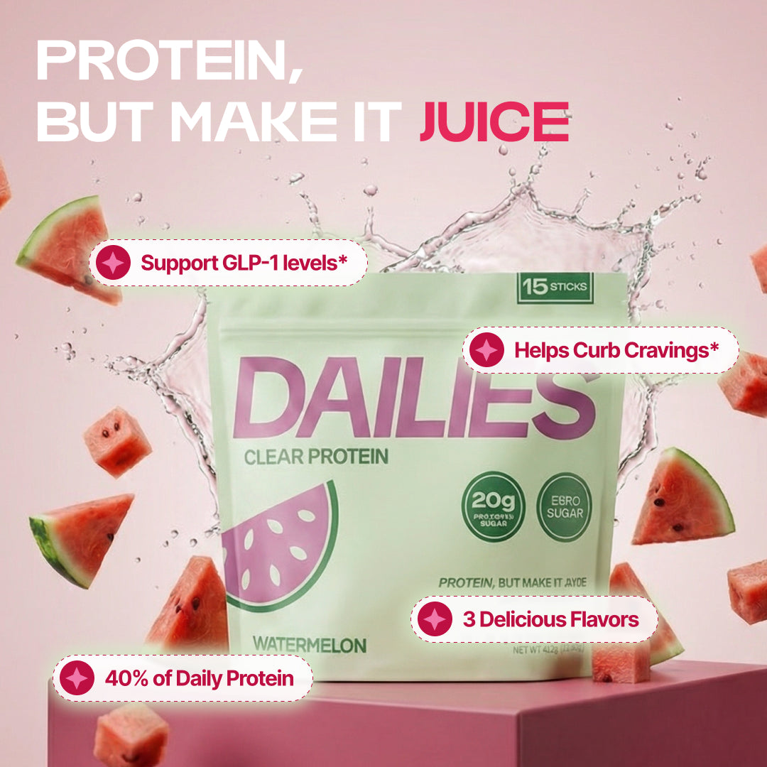 Watermelon pouch surrounded by fruit and splashing water under Protein, but make it juice. Graphic claims GLP-1 support, reduced cravings and 40% daily protein; lists 3 flavors. #flavor_watermelon