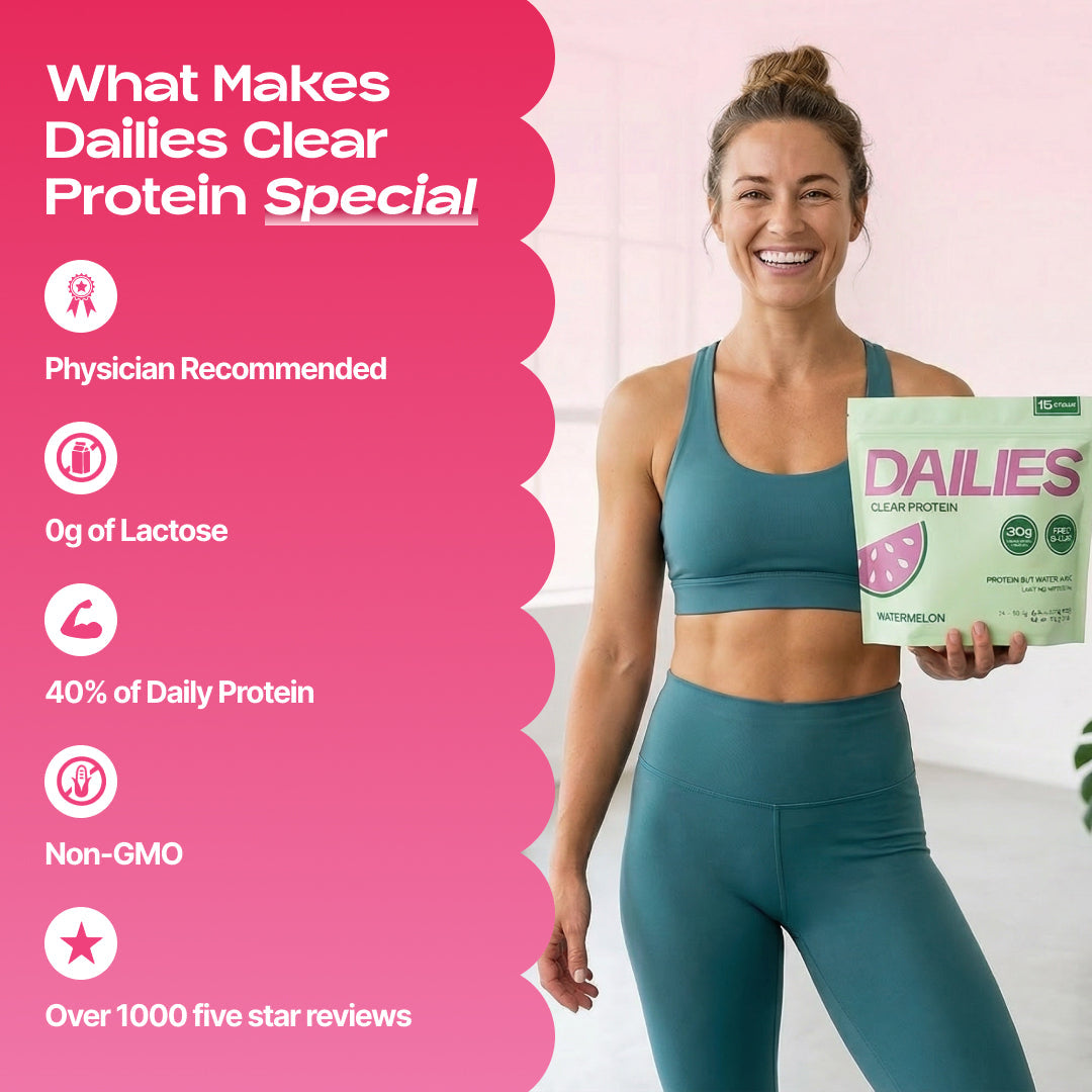 Smiling woman in teal workout clothes holding a Watermelon pouch. Graphic claims physician recommended, 0 g lactose, 40% daily protein, non-GMO and over 1,000 five-star reviews. #flavor_watermelon