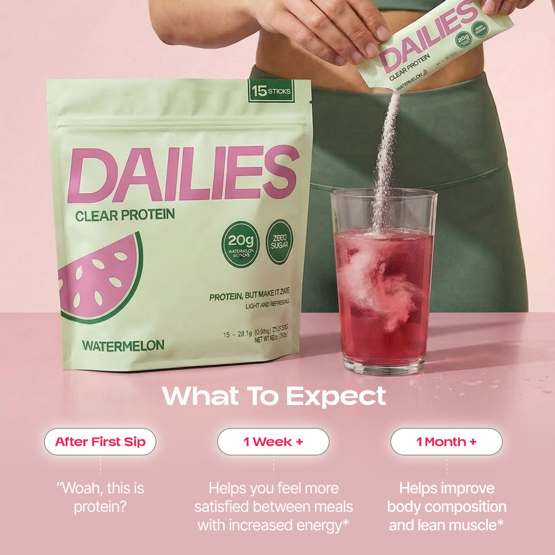 Watermelon powder poured into a glass. Timeline claims surprise at first sip, greater satisfaction and energy after 1 week, and improved body composition and lean muscle after 1 month. #flavor_watermelon