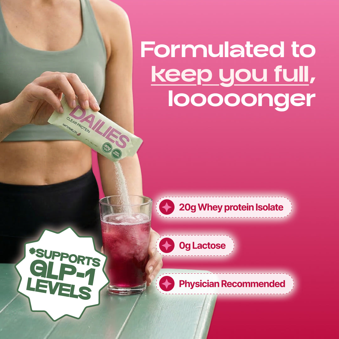 Person pouring Watermelon powder into a pink drink. Graphic claims longer fullness, GLP-1 support and physician recommendation; lists 20 g whey protein isolate and 0 g lactose. #flavor_watermelon