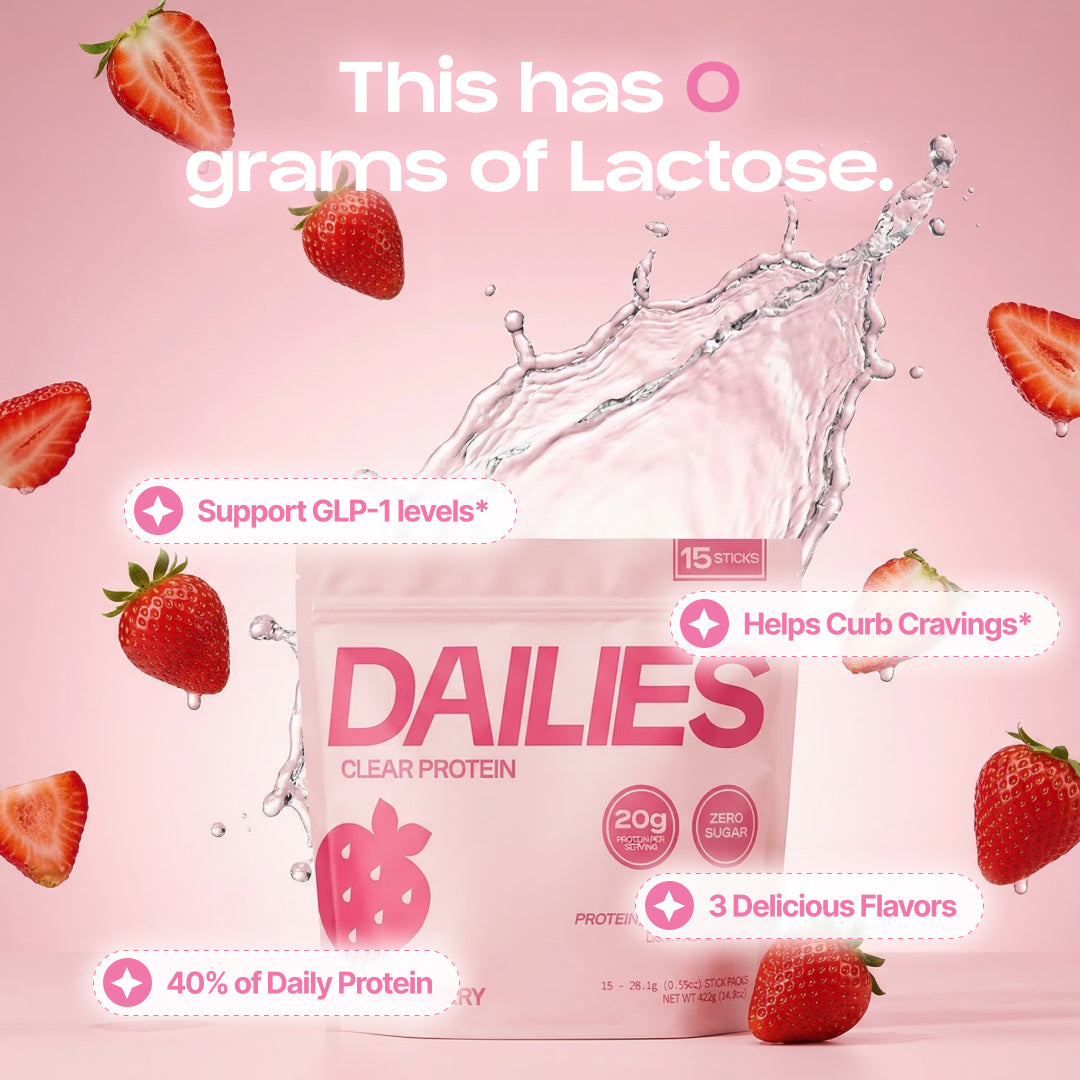 Strawberry pouch amid strawberries and splashing water. Graphic states 0 g lactose and claims GLP-1 support, reduced cravings and 40% daily protein; lists 3 flavors. #flavor_strawberry