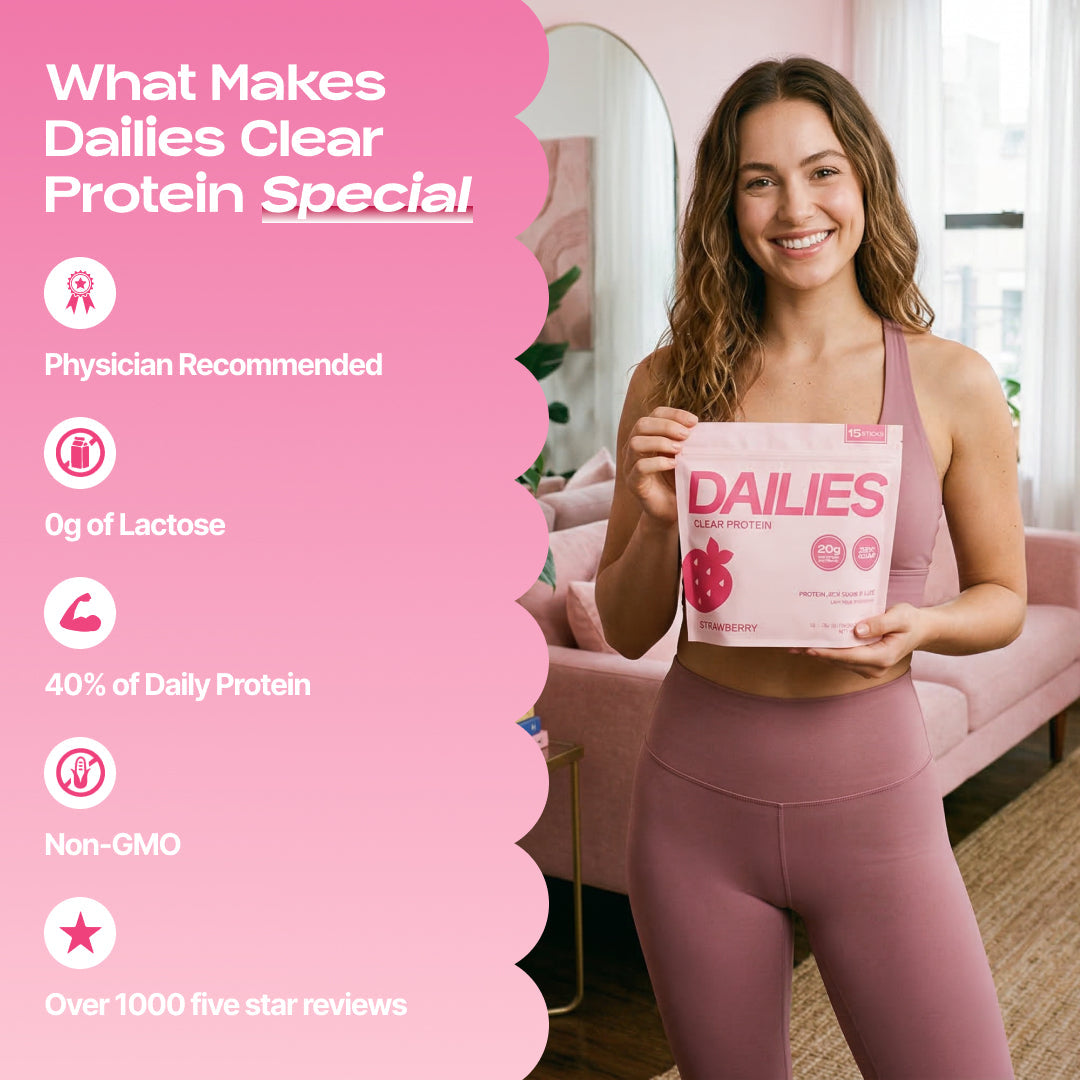 Woman holding a Dailies Strawberry pouch. Graphic claims physician recommended, 0 g lactose, 40% daily protein, non-GMO and over 1,000 five-star reviews. #flavor_strawberry