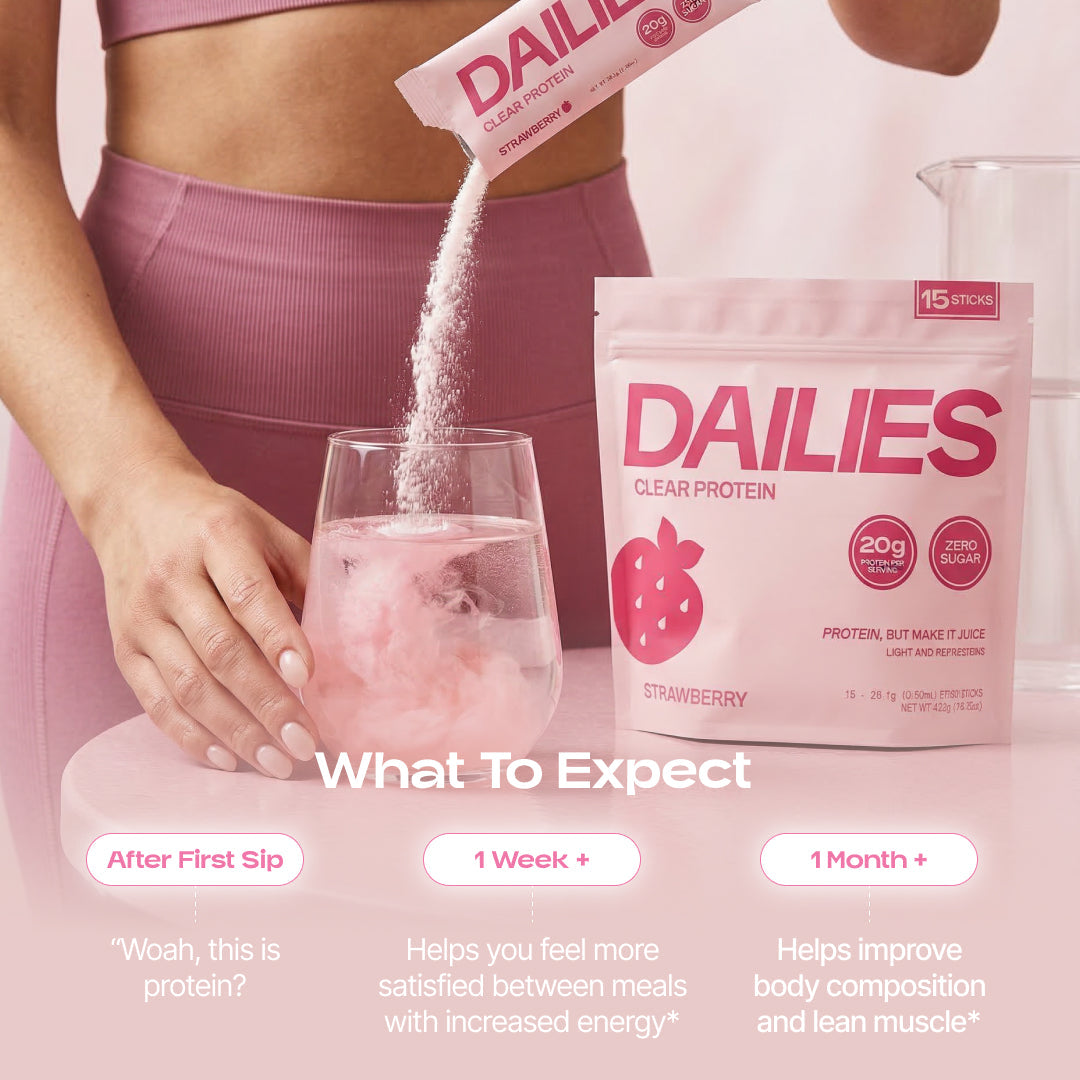 Strawberry powder poured into a glass. Timeline claims surprise at first sip, greater satisfaction and energy after 1 week, and improved body composition and lean muscle after 1 month. #flavor_strawberry