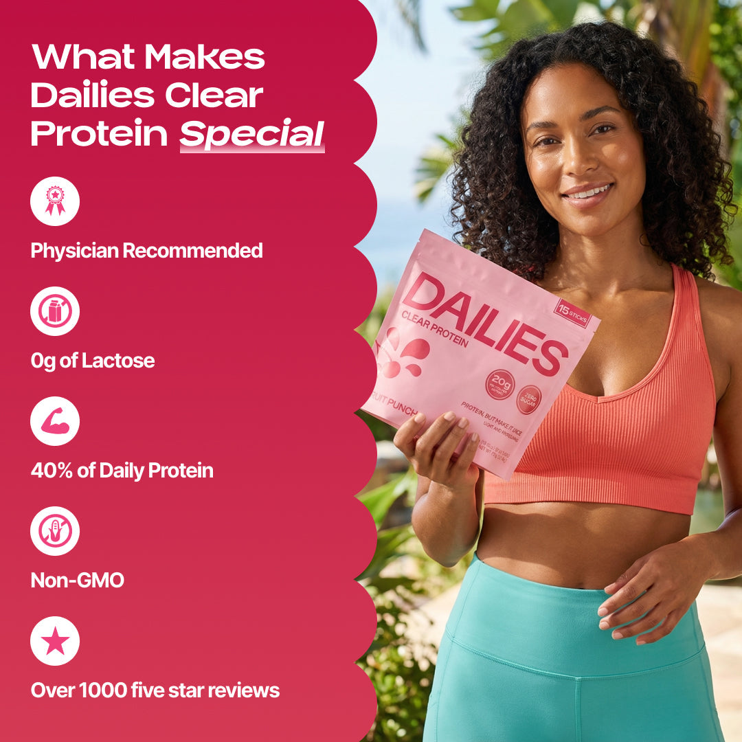 Woman holding a Dailies Fruit Punch pouch. Graphic claims physician recommended, 0 g lactose, 40% daily protein, non-GMO and over 1,000 five-star reviews. #flavor_fruit-punch