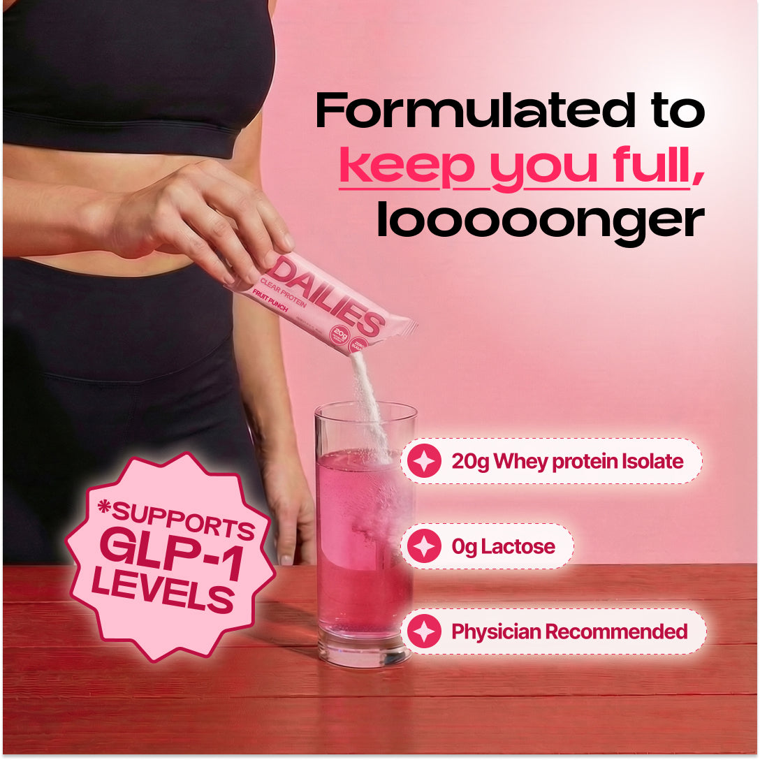 Person pouring Fruit Punch powder into a pink drink. Graphic claims longer fullness, GLP-1 support and physician recommendation; lists 20 g whey protein isolate and 0 g lactose. #flavor_fruit-punch