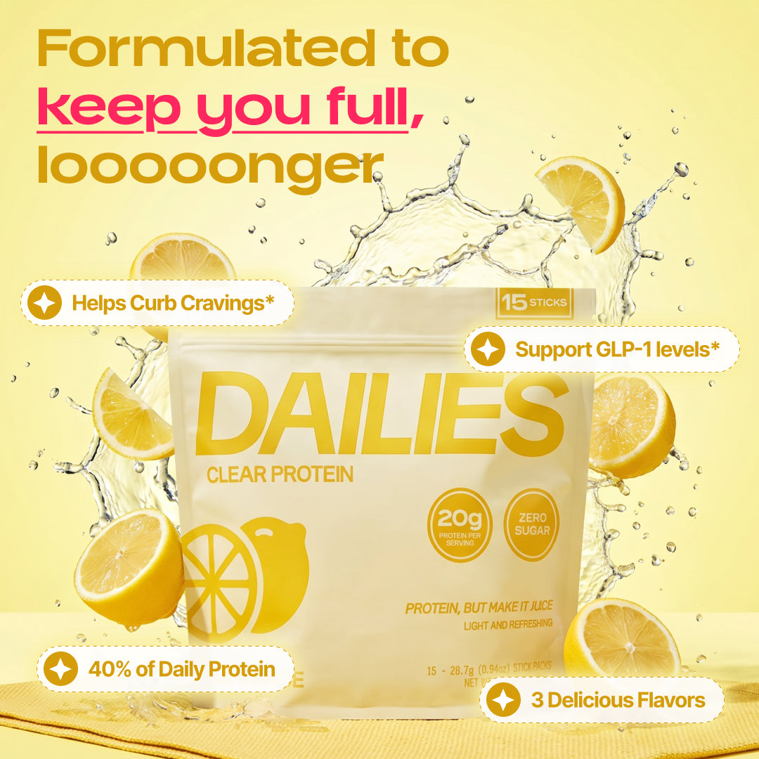 Lemonade pouch amid lemon slices and splashing water. Graphic claims longer fullness, reduced cravings, GLP-1 support and 40% daily protein; lists 3 flavors. #flavor_lemonade