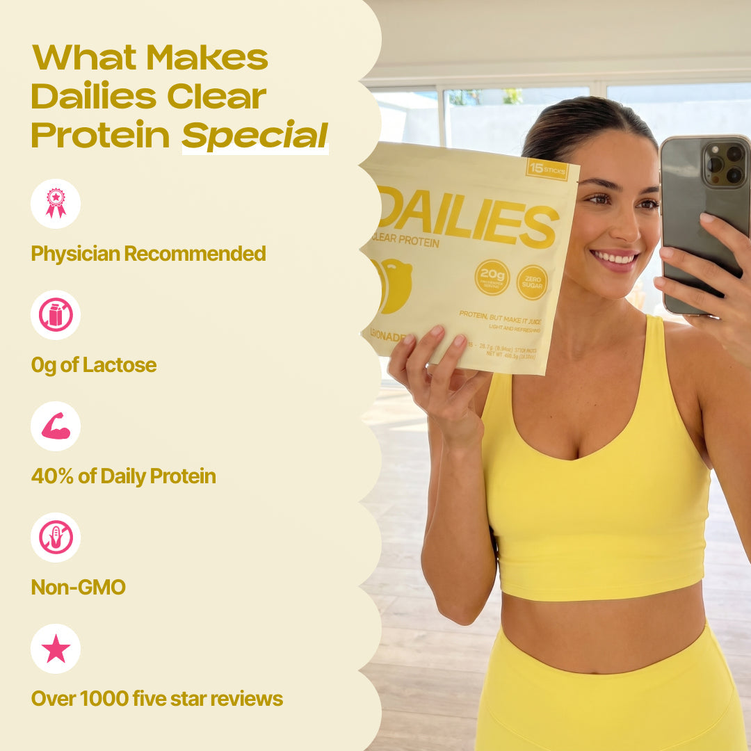Woman taking a selfie with a Lemonade pouch. Graphic claims physician recommended, 0 g lactose, 40% daily protein, non-GMO and over 1,000 five-star reviews. #flavor_lemonade