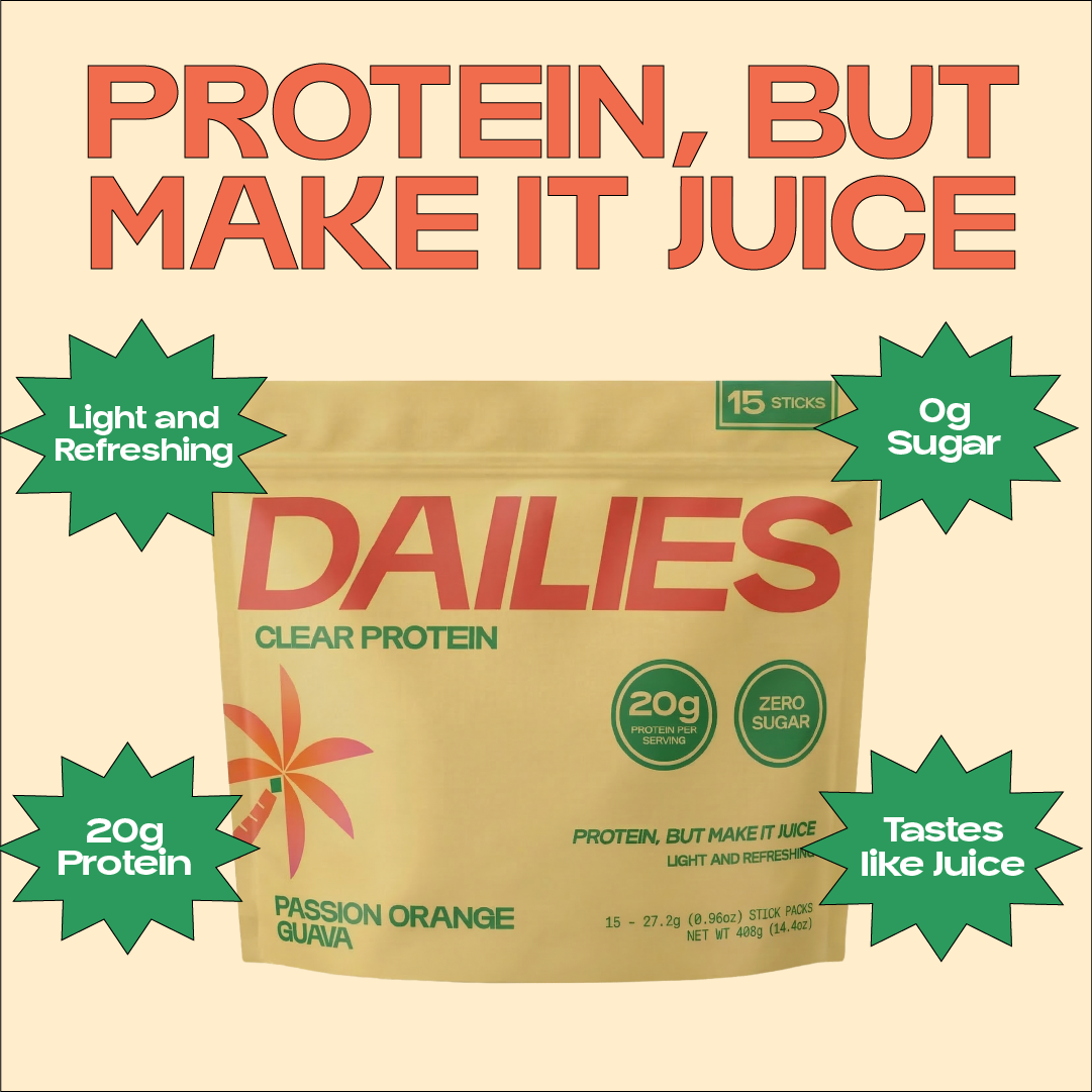 Dailies Passion Orange Guava pouch beneath Protein, but make it juice; callouts read light and refreshing, 0 g sugar, 20 g protein and tastes like juice. #flavor_passion-orange-guava