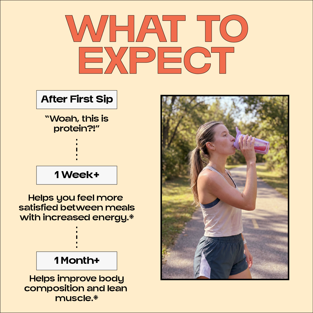 Woman drinking from a pink shaker outdoors. Timeline claims surprise at first sip, greater satisfaction and energy after 1 week, and improved body composition and lean muscle after 1 month. #flavor_passion-orange-guava