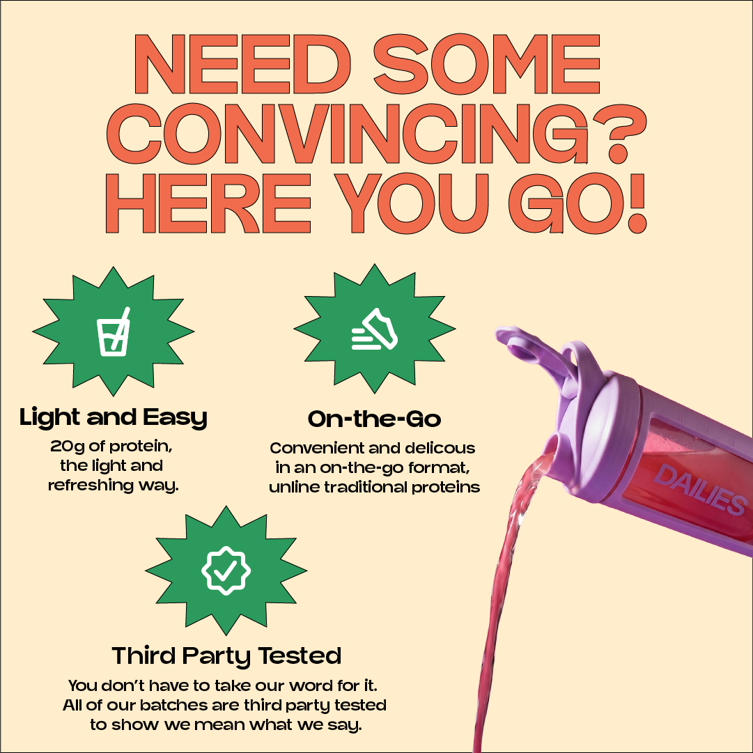 Dailies graphic promotes 20 g of light, refreshing protein, convenient on-the-go sticks and third-party batch testing, beside a purple shaker pouring pink liquid. #flavor_passion-orange-guava