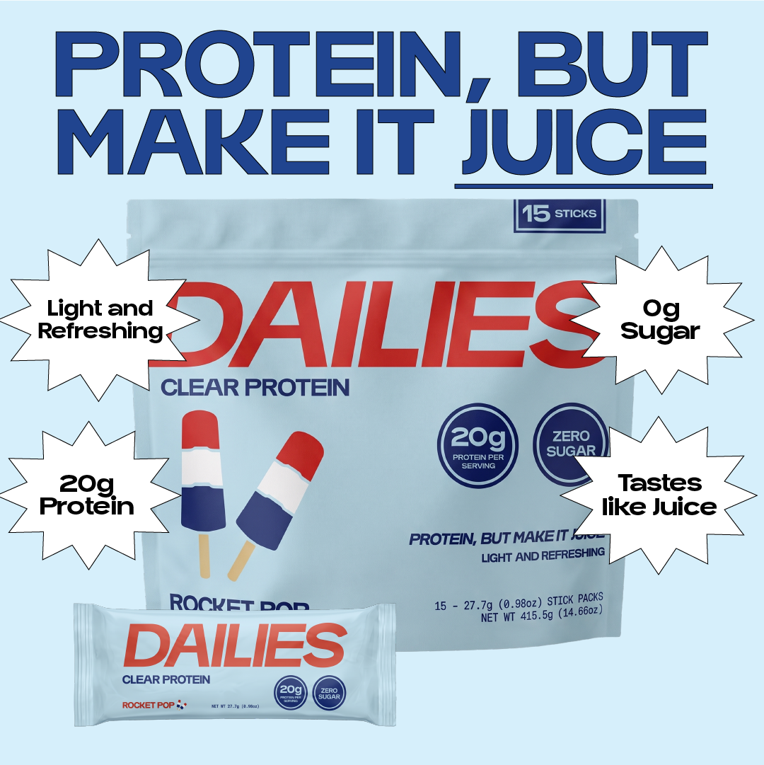 Dailies Rocket Pop pouch and stick beneath Protein, but make it juice; callouts read light and refreshing, 0 g sugar, 20 g protein and tastes like juice. #flavor_rocket-pop