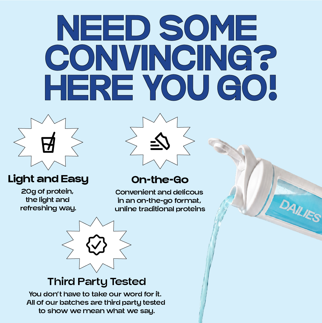 Dailies Rocket Pop graphic promotes 20 g of light, refreshing protein, convenient on-the-go sticks and third-party batch testing, beside a shaker pouring blue liquid. #flavor_rocket-pop
