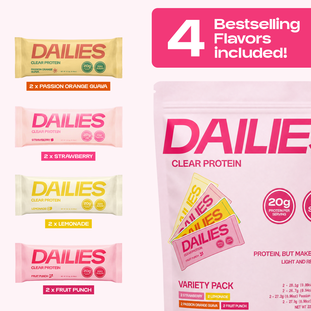 Four bestselling flavors included: two Passion Orange Guava, two Strawberry, two Lemonade, and two Fruit Punch sticks beside a Dailies Variety Pack pouch. #flavor_variety-pack
