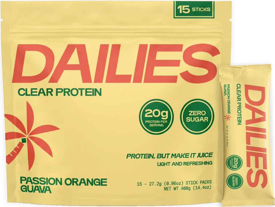 Dailies Passion Orange Guava Clear Protein 15-stick pouch with one yellow stick; label reads 20 g protein per serving and zero sugar. #flavor_passion-orange-guava