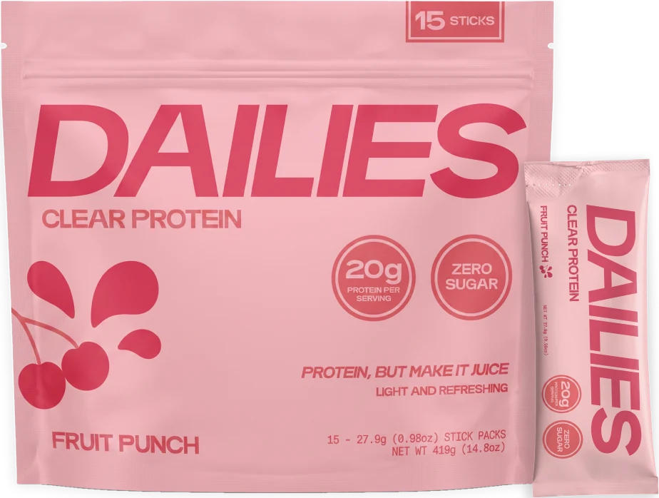 Dailies Fruit Punch Clear Protein 15-stick pouch with one pink stick; label reads 20 g protein per serving and zero sugar. #flavor_fruit-punch
