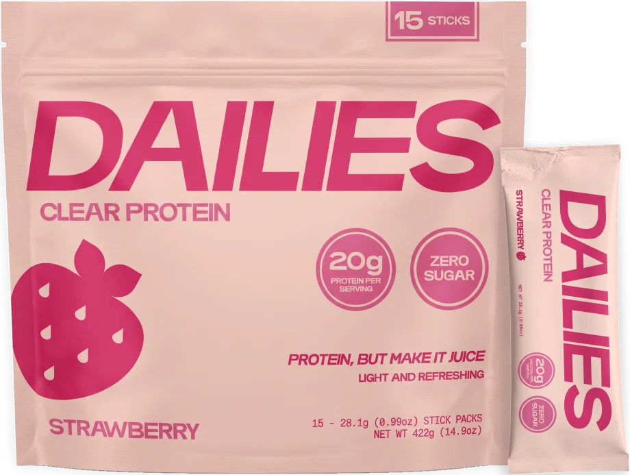 Dailies Strawberry Clear Protein 15-stick pouch with one pink stick; label reads 20 g protein per serving and zero sugar. #flavor_strawberry