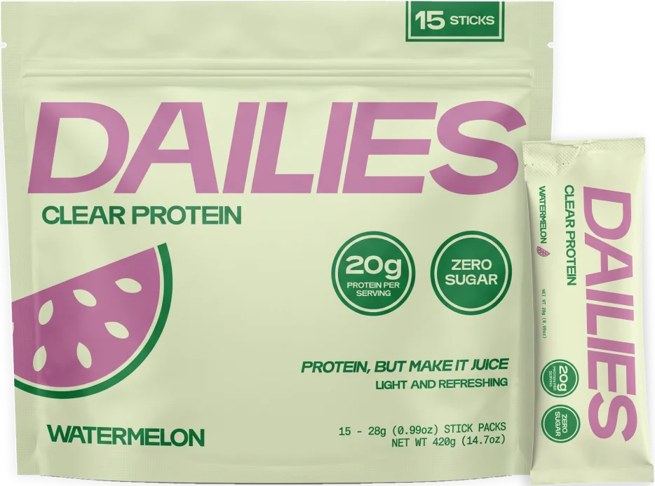Dailies Watermelon Clear Protein 15-stick pouch with one pale green stick; label reads 20 g protein per serving and zero sugar. #flavor_watermelon