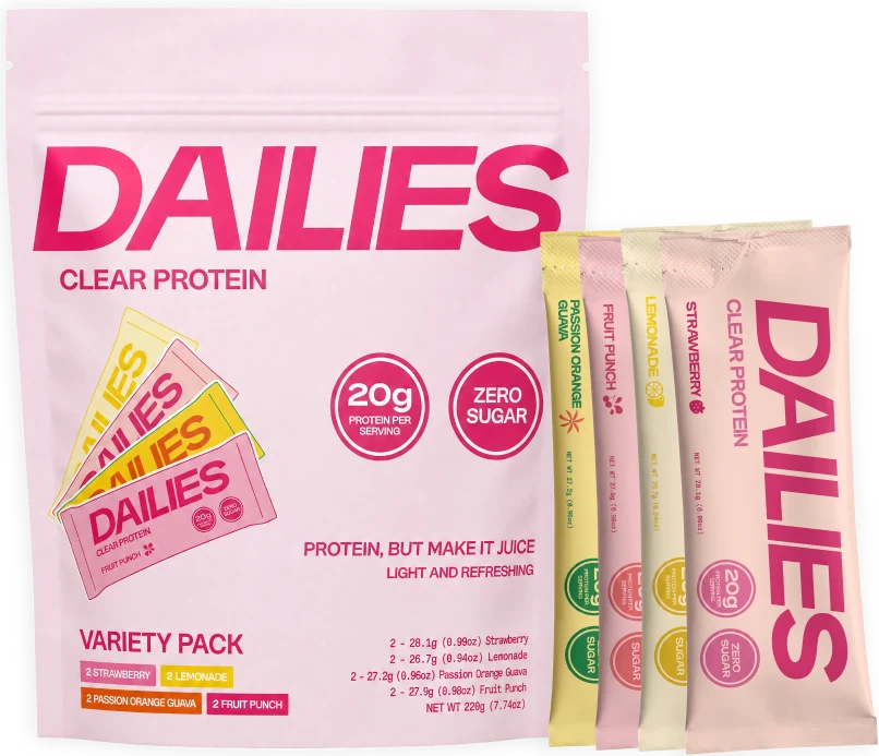 Dailies Clear Protein Variety Pack pouch with Strawberry, Lemonade, Passion Orange Guava, and Fruit Punch sticks; two of each flavor, 20 g protein per serving, zero sugar. #flavor_variety-pack