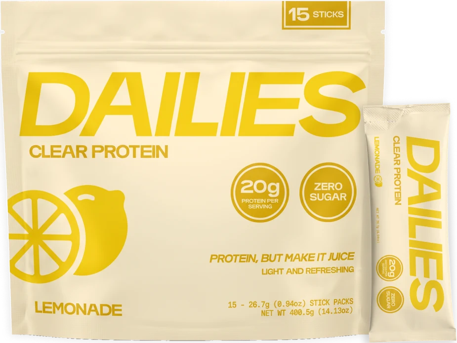 Dailies Lemonade Clear Protein 15-stick pouch with one yellow stick; label reads 20 g protein per serving and zero sugar. #flavor_lemonade