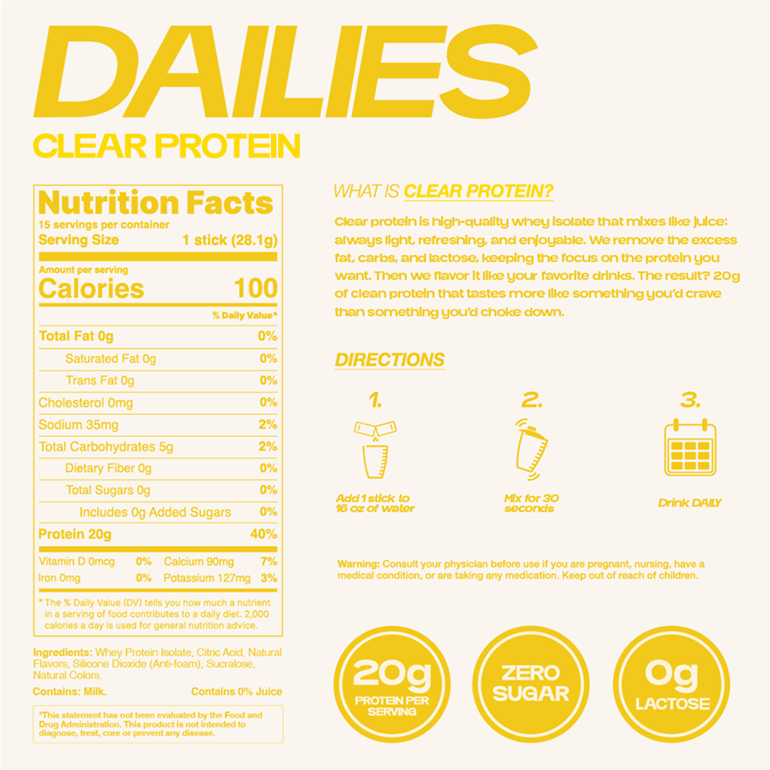 Dailies Lemonade label: 1 stick, 28.1 g; 100 calories, 20 g protein, 5 g carbs, 0 g sugar and fat, 35 mg sodium. Contains milk. Directions: mix one stick in 16 oz water for 30 seconds. #flavor_lemonade