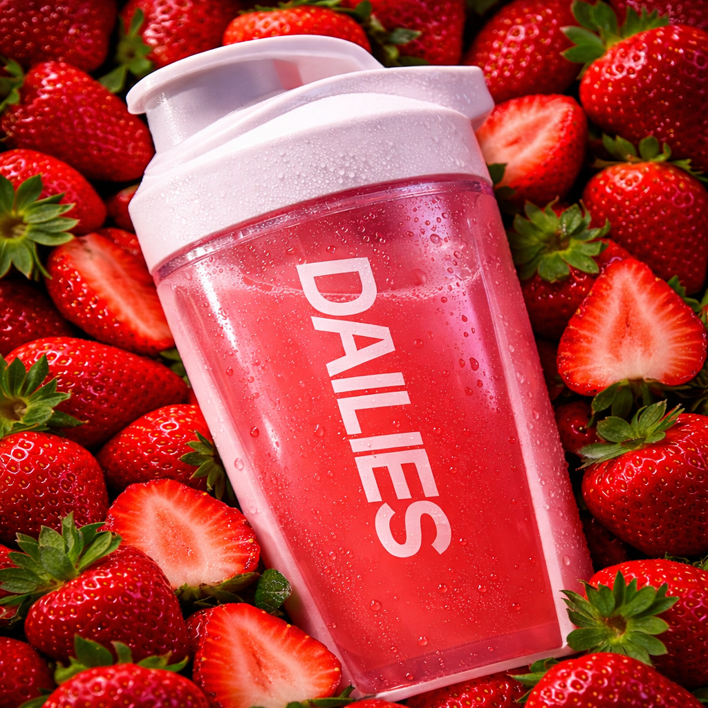 DAILIES shaker surrounded by strawberries